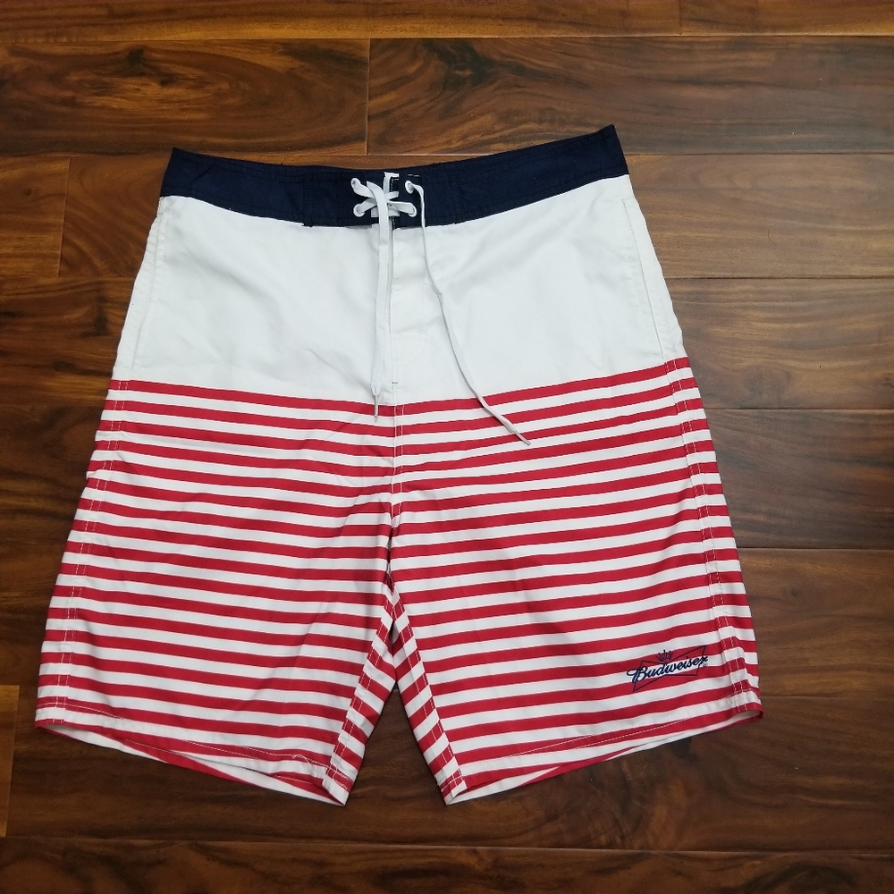 Budweiser Board Shorts Mens Large Red White Blue Striped Shorts